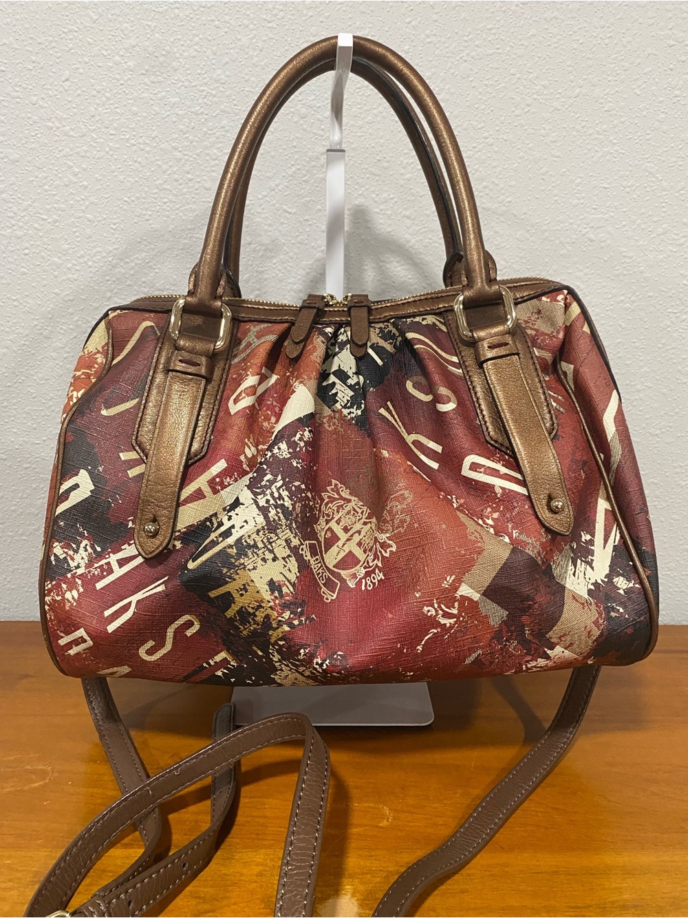 Women's Distressed Red/Burgundy Graphic Satchel with Metallic Brown Handles
